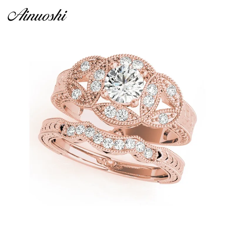 

AINUOSHI Luxury 925 Sterling Silver Princess Wedding Engagement Ring Set Halo Round Cut Silver Ring Sets anillos de boda
