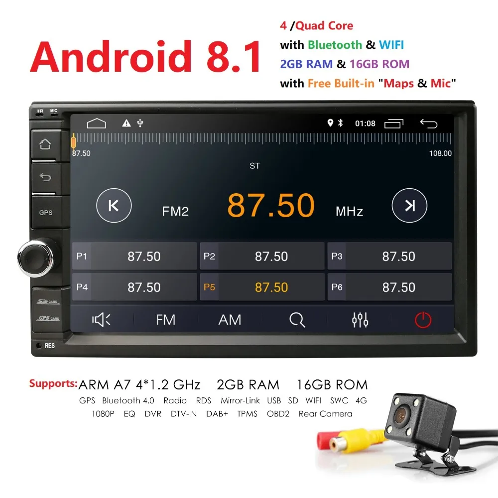 

7 Inch 2 DIN Universal Car MP5 player Android 8.1 Auto Radio Touch screen GPS Stereo Audio Support DAB DVR OBD2 BT Rear camera
