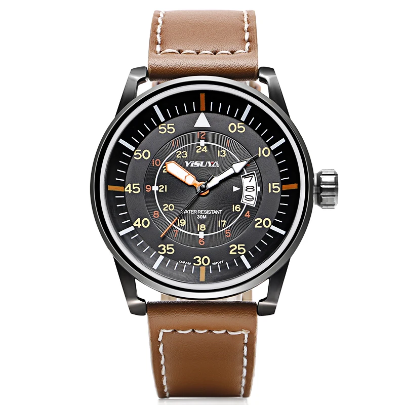 

Mens Watch Leather Band Calender Quartz Male 3ATM Water Resistant Date Military Pilot Japan Quartz Movement Wrist Watch