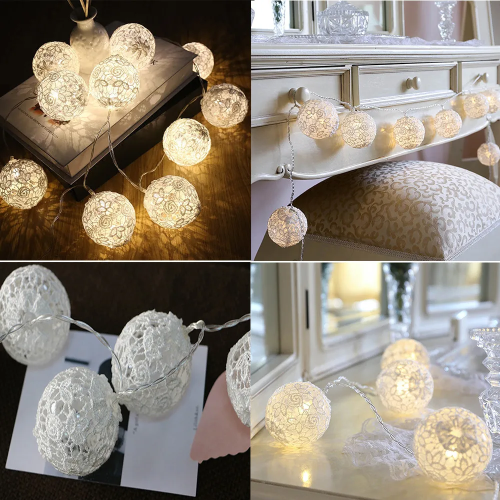 

String Lights White 10led/20led Round Lace Fabric Ball String Light1.5m/3m Battery Operated Home Decoration Accessories Light