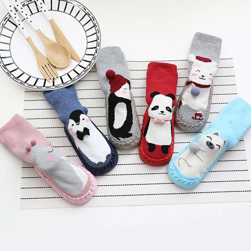 Домашние носки для малышей; обувь новорожденного; носки; зимние толстые махровые хлопковые носки для маленьких девочек с резиновой подошвой; забавные носки для младенцев с животными