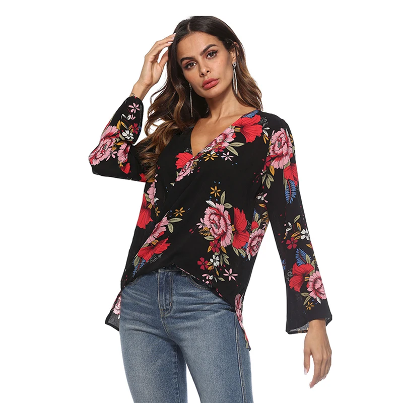 Floral Long Sleeve Curved Hem Womens Tee Shirts Autumn Womens shirts Casual Ladies Black White