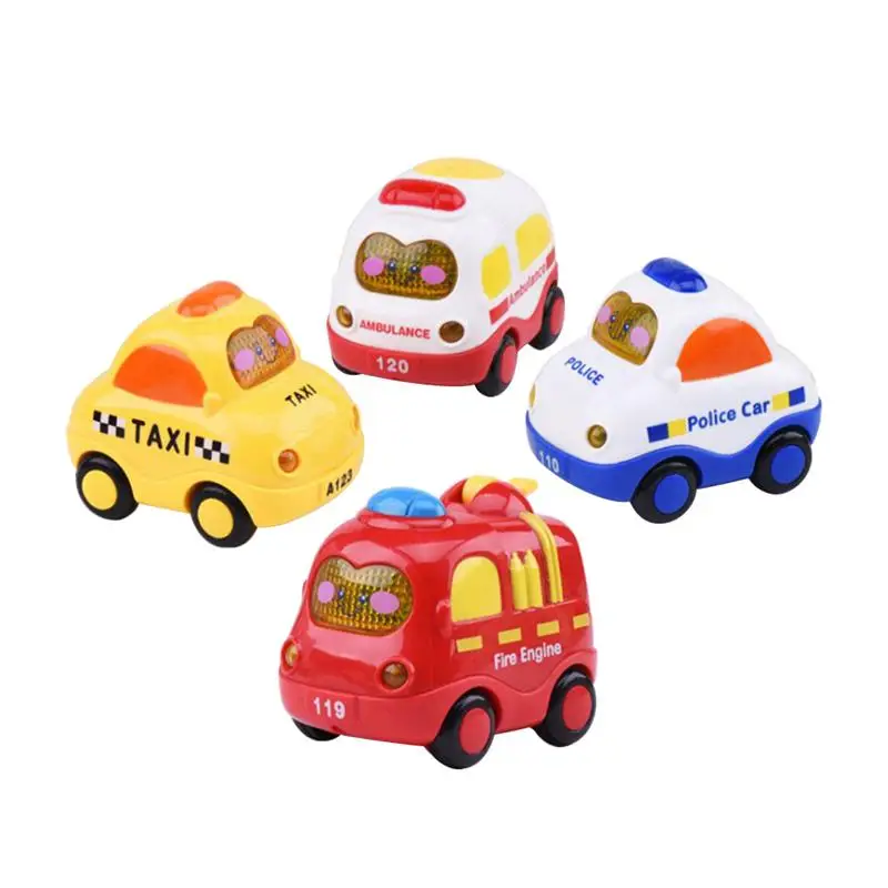 

4pcs Mini Inertia Friction Car Push and Go Car Powered Play Vehicles with Screen Button for Light and Music Educational Toys