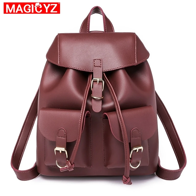 

Unisex Preppy Style Leather School Backpack Drawstring multi-Pocket Fashion women backpack for Teenage Girls Female Daypacks