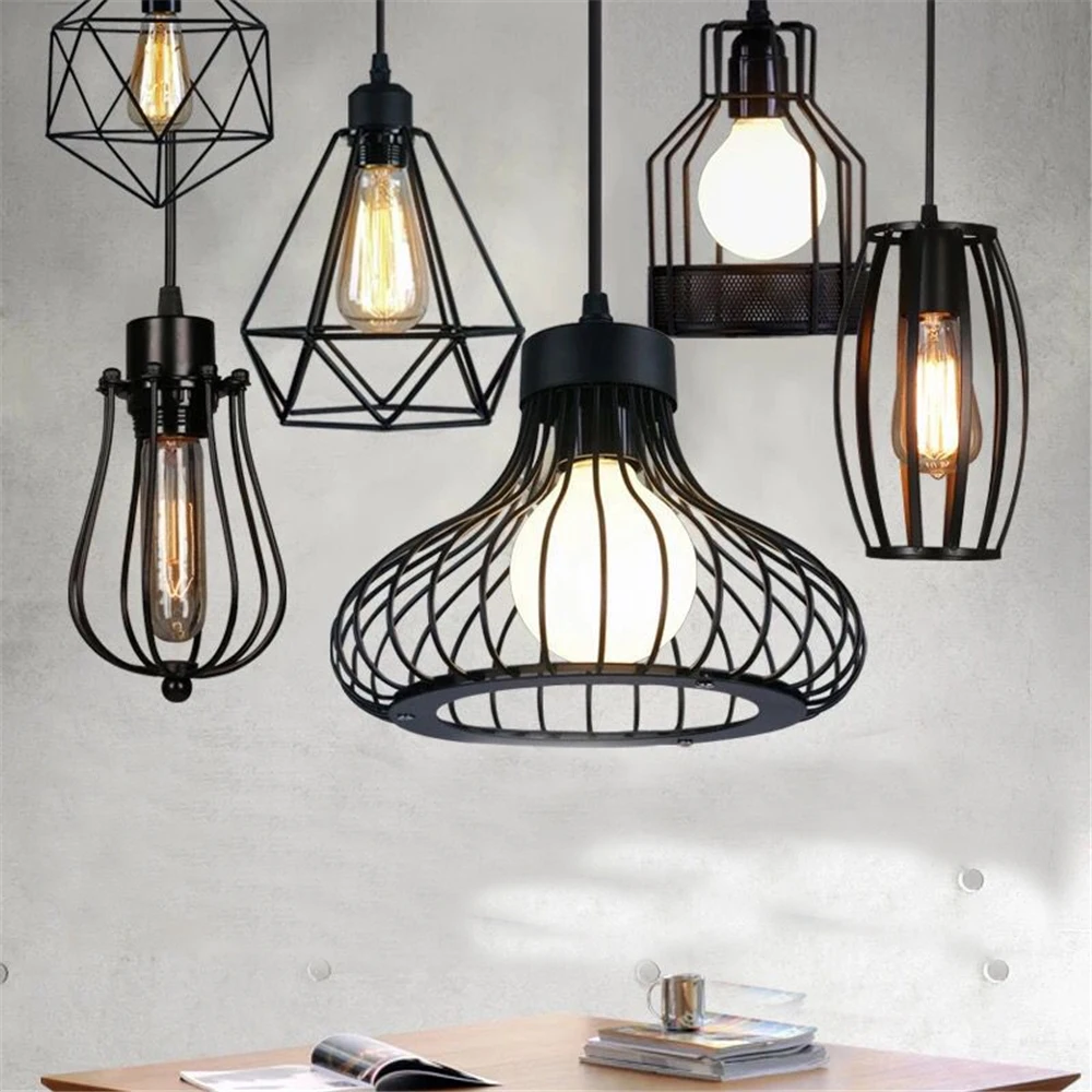 Billige Nordic LED Käfig Anhänger Lichter Retro Industriellen Stil Kaffee Restaurant Persönlichkeit Bar Eisen Käfig Kunst Hängen Linie Lampe