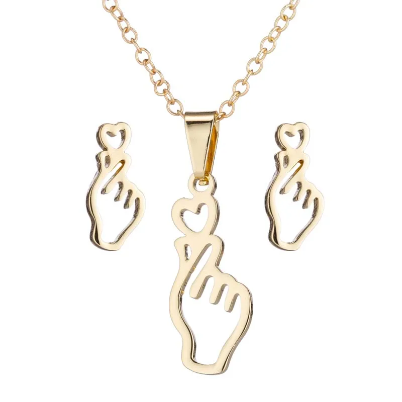 Korean Fashion Finger Heart Earrings Hand Necklace Pendant Women Stainless Steel Jewelry Set