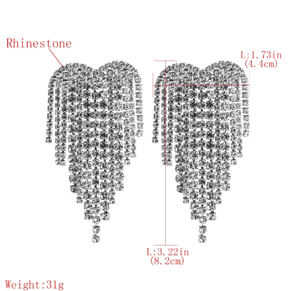 KMVEXO Кристалл Сердце Длинные серьги с бахромой Стразы Висячие большие болтающиеся серьги для женщин Свадебные серьги Новинка
