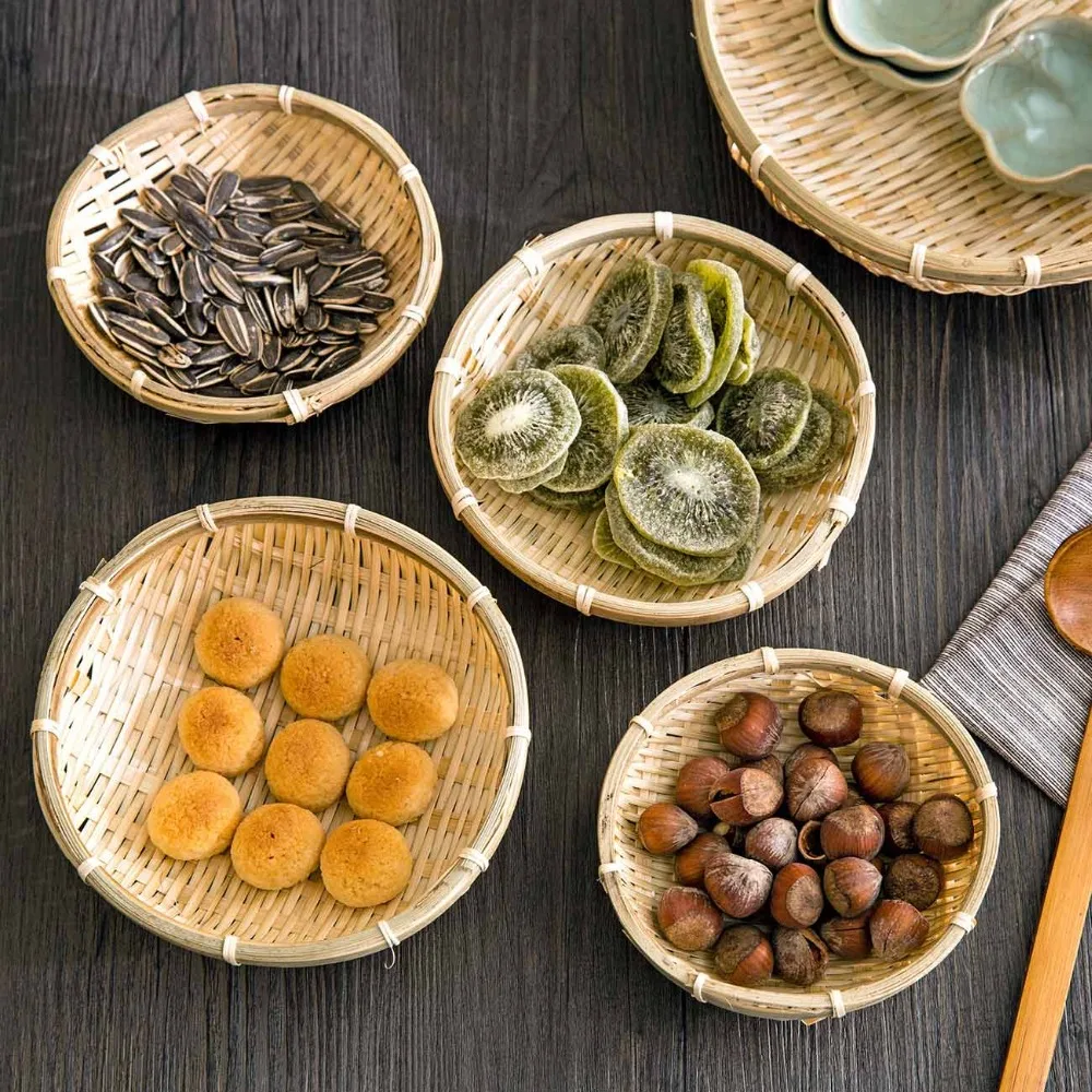 

OTHERHOUSE Bamboo Plate Desktop Storage Basket Fruit Plate Tray Nut Bread Food Container Tableware Holder Home Organizer Dustpan