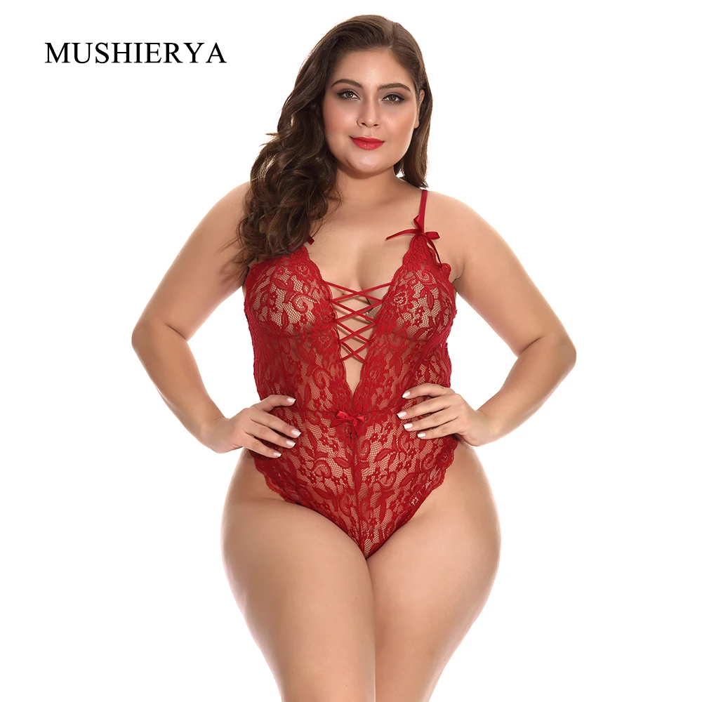  MUSHIERYA Women Sexy Body Suit Lingerie Eyelash Lace Plus Size Transparent Bodysuits Woman Teddies 