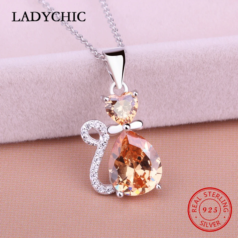 

LADYCHIC Fashion Genuine 925 Sterling Silver Pet Cat Luxury Golden Zircon Pendant Necklaces Women Animal Jewelry Gift LNS1003