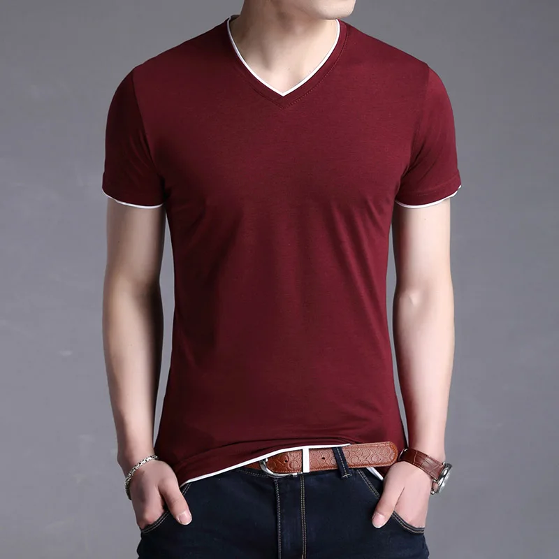 Новинка, модная брендовая футболка для мужчин, v-образный вырез, сплошной цвет, трендовая уличная одежда, топы, летняя хлопковая футболка с коротким рукавом, мужская одежда - Цвет: Красный