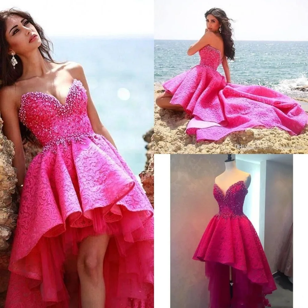 High Low Prom Dresses Long 2017 Sexy Sweetheart Backless Fuchsia Lace Beaded Party Dress Cheap vestido de festa Gala Gowns