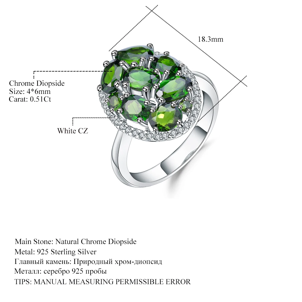 GEM'S балетное 925 пробы Серебряное овальное коктейльное кольцо 3.43Ct натуральный хром диопсид драгоценные камни кольца хорошее ювелирное изделие для женщин подарок