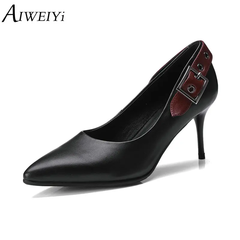 

AIWEIYi 2019 Women Pumps Thin High Heels Genuine Leather Platform Pumps Sexy Fashion Black Elegant Ladies Wedding Shoes