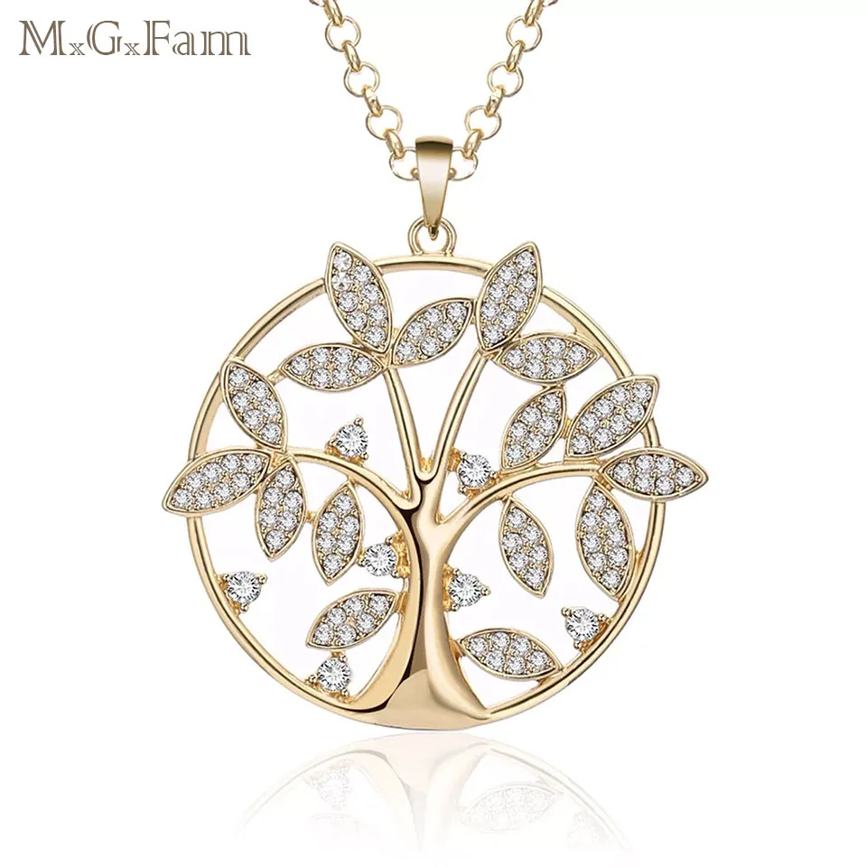 

MGFam The Tree of Life Pendant Necklace Long 70 cm Chain Jewelry Crystal For Women 3 Gold Color Choice