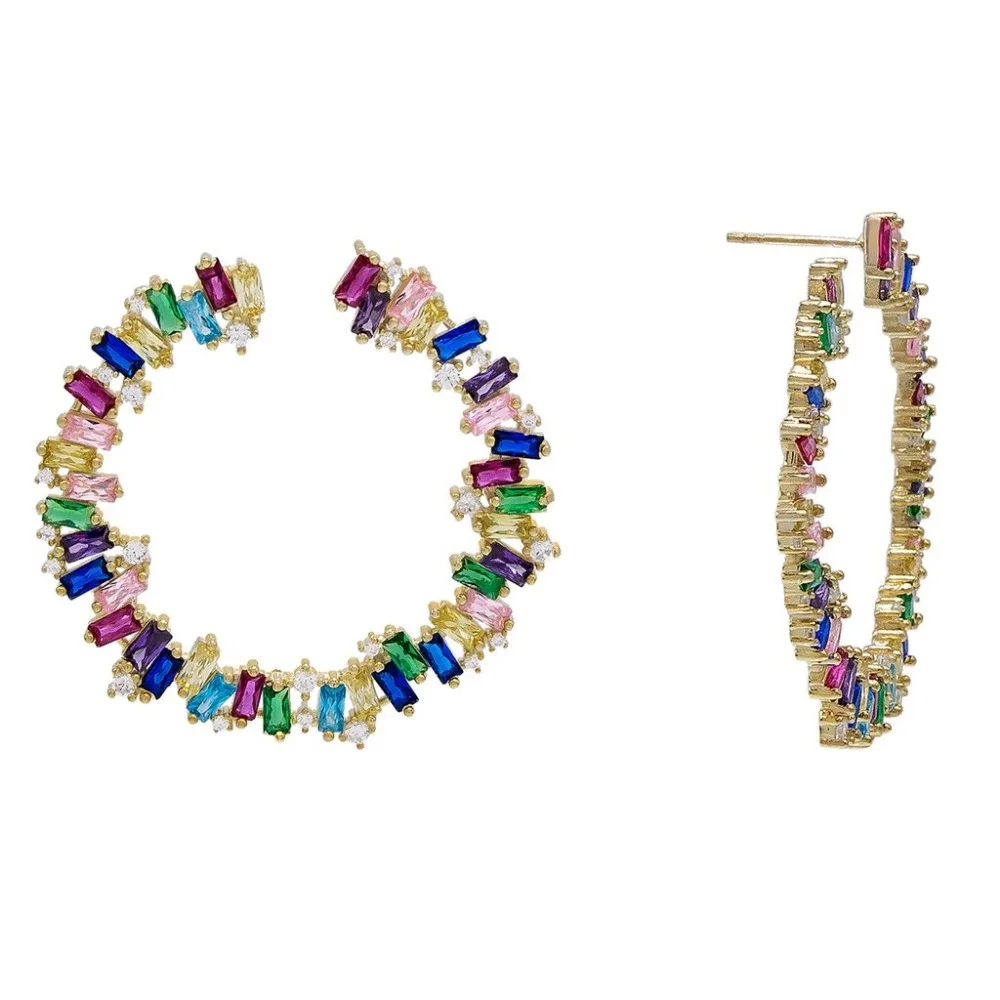 Роскошные женские модные серьги-гвоздики, позолоченные радужные багеты, кубический цирконий, Круглый Круг, геометрические серьги, трендовые серьги