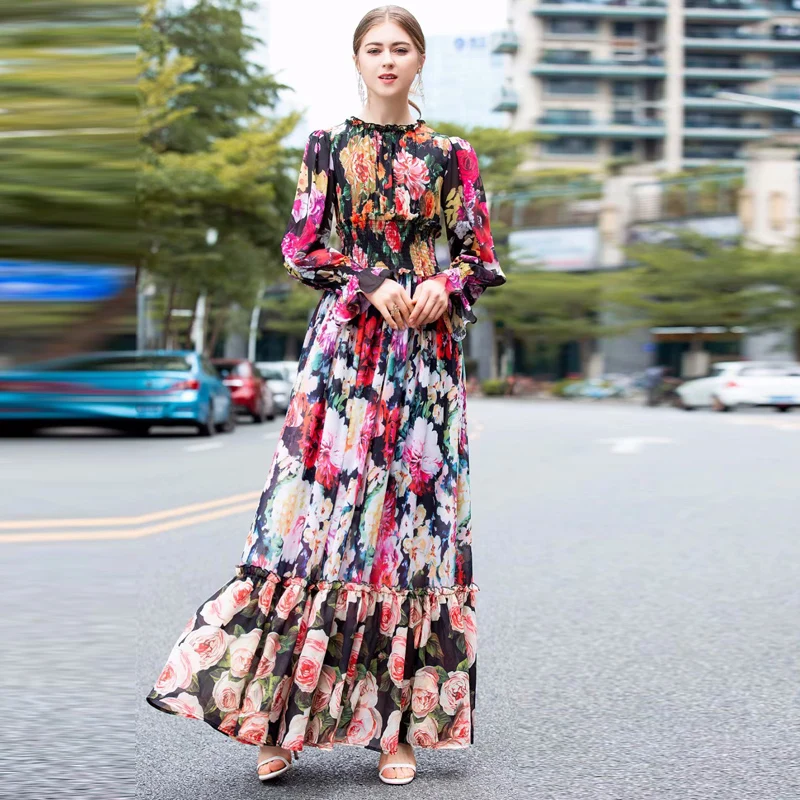 

Long Dress Maxi High Quality New Women'S Fashion Party Boho Beach Sexy Vintage Elegant Chic Print Long Sleeve Chiffon Dresses