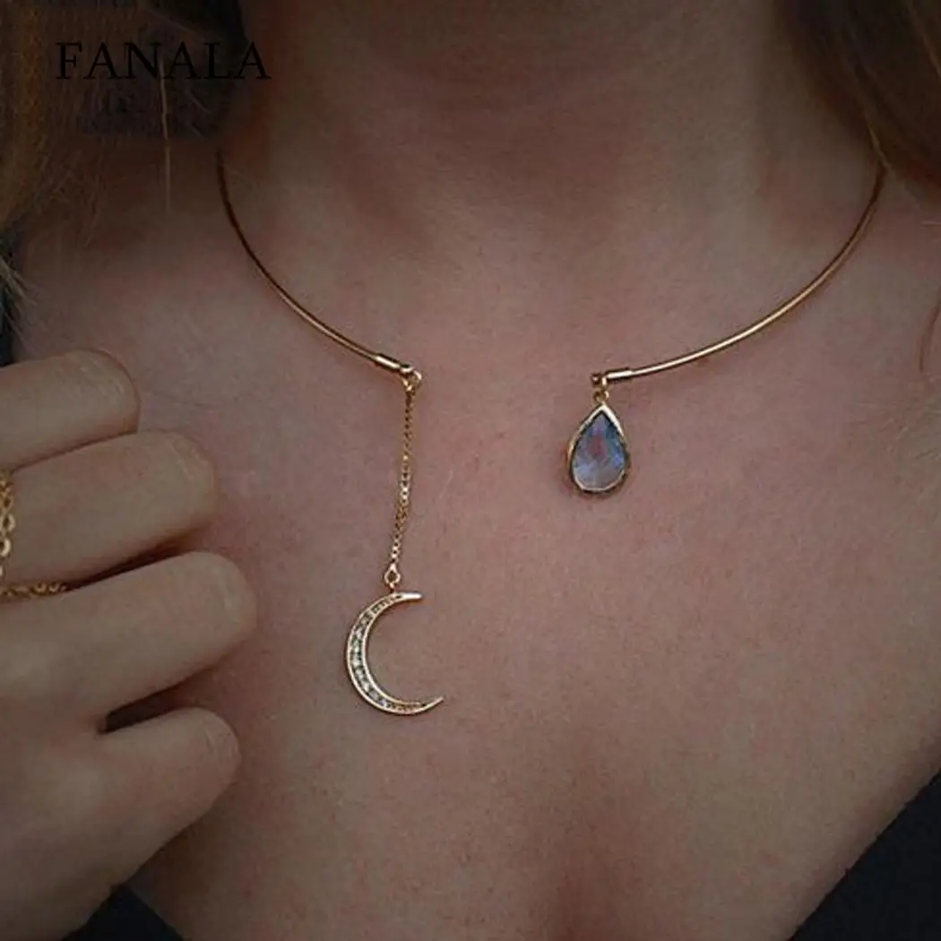 Круговой моды Открыть Rhinestone Для женщин Moon капли воды кулон колье Цепочки и
