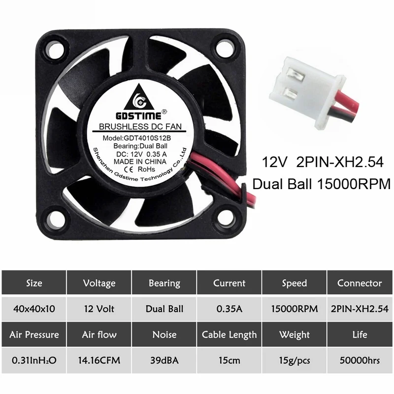 2 шт. Gdstime DC 24 в 12 В 5 в 40 мм x 40 мм x 10 мм 2-контактный шарикоподшипник для компьютера PC Корпус Вентилятор охлаждения 4010 - Цвет лезвия: 12v TwoBall 15000RPM