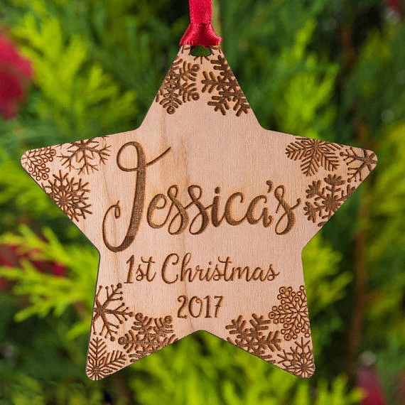 Rustic Wooden Gift Tag Baby First Xmas. Personalised Christmas Tree Decoration 
