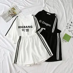 Женская одежда 2019, комплект из 2 предметов для женщин, футболка с принтом G-Dragon, женский костюм, шорты, летний комплект из 2 предметов, топ