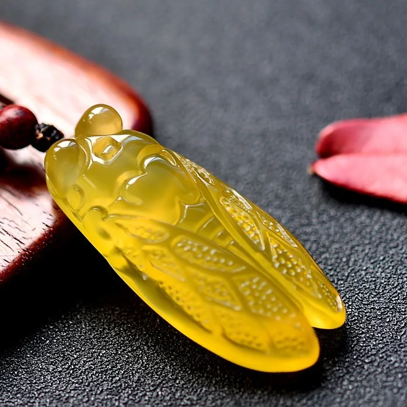 Желтый Агат резной Цикада амулет счастливое ожерелье из бисера ювелирные изделия colgante de jade
