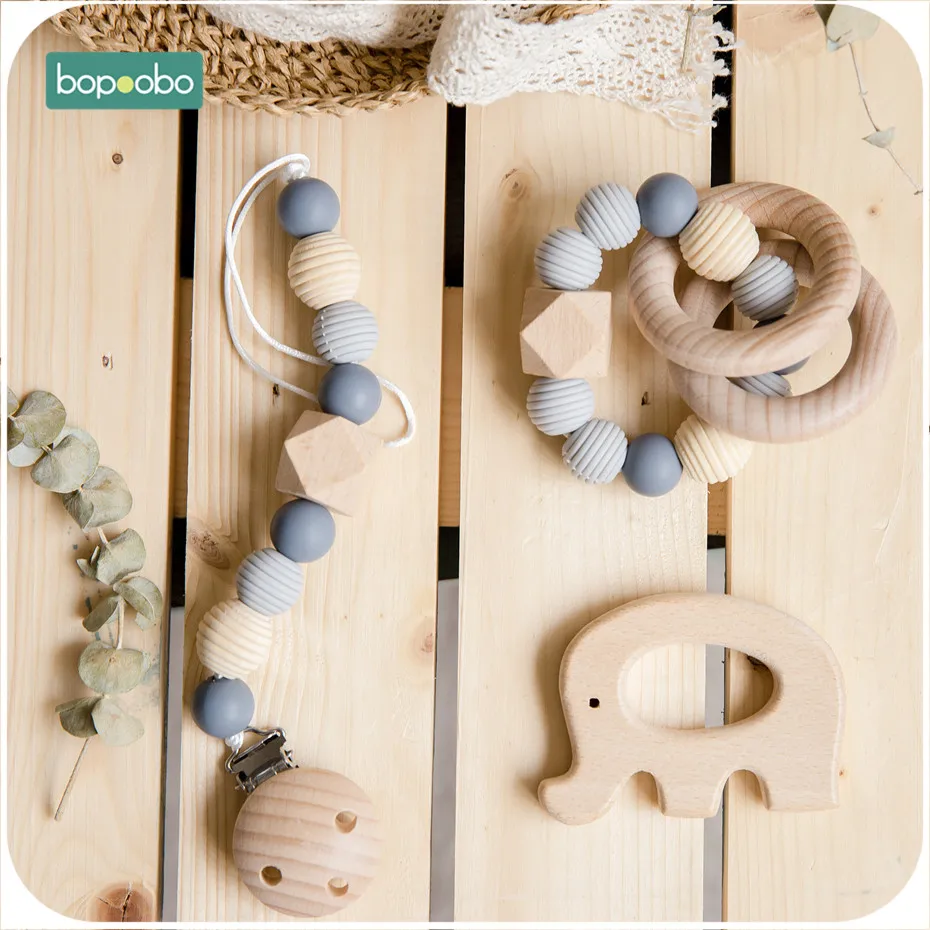 Bopoobo 3Pc/Set Silicone Beads Baby Teether Necklace Round Wooden Beads Pendant For Nursing Pacifier Chain Clips Baby Products