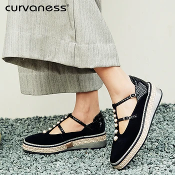 

Curvaness Black Sneakers Creepers Platform Shoes Pearl Elevator Handmade White Harajuku Unique Women Stud Muffin Buckle