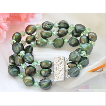 

P4098 3row 14mm green baroque freshwater pearl faceted crystal bracelet@^Noble style Natural Fine jewe SHIPPING new >>free shipp