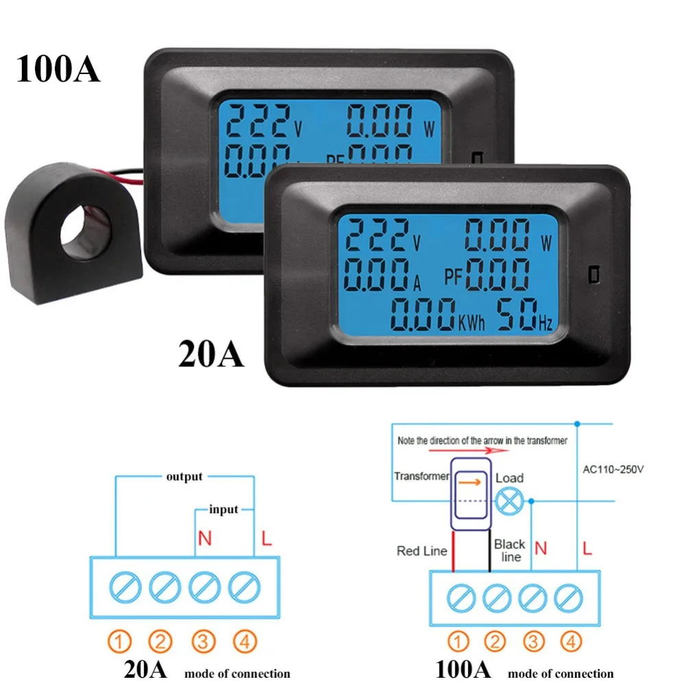 Многофункциональный монитор питания 20A 100A цифровой AC 110~ 220V напряжение тока монитор мощности коэффициент мощности частота счетчик энергии