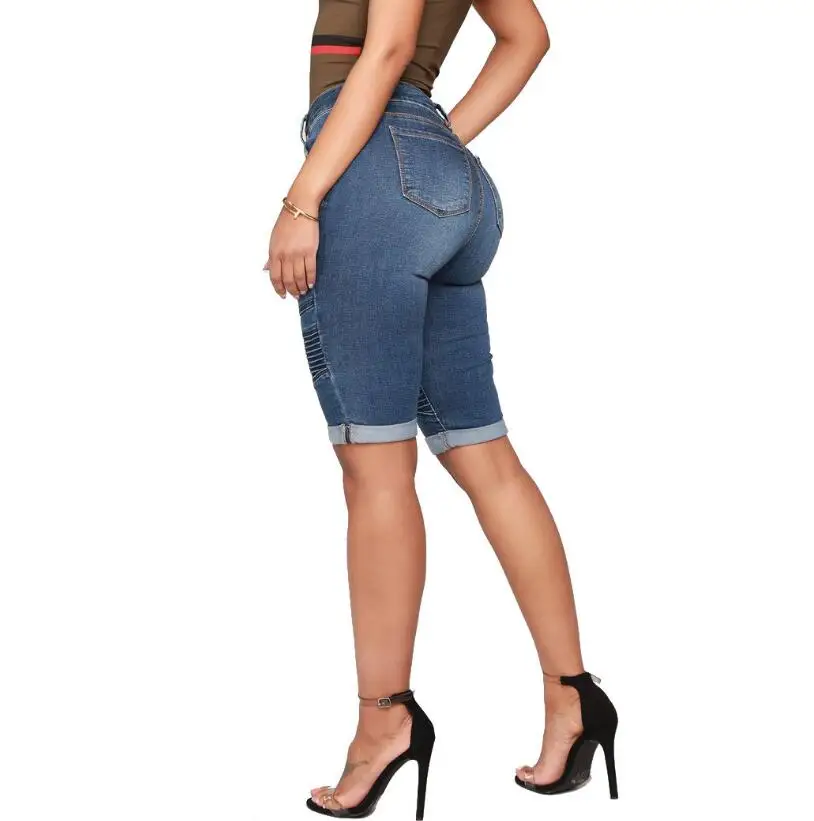 Helisopus 2019 летние женские джинсовые шорты с высокой талией обтягивающие джинсы до колена эластичное классические синие джинсы