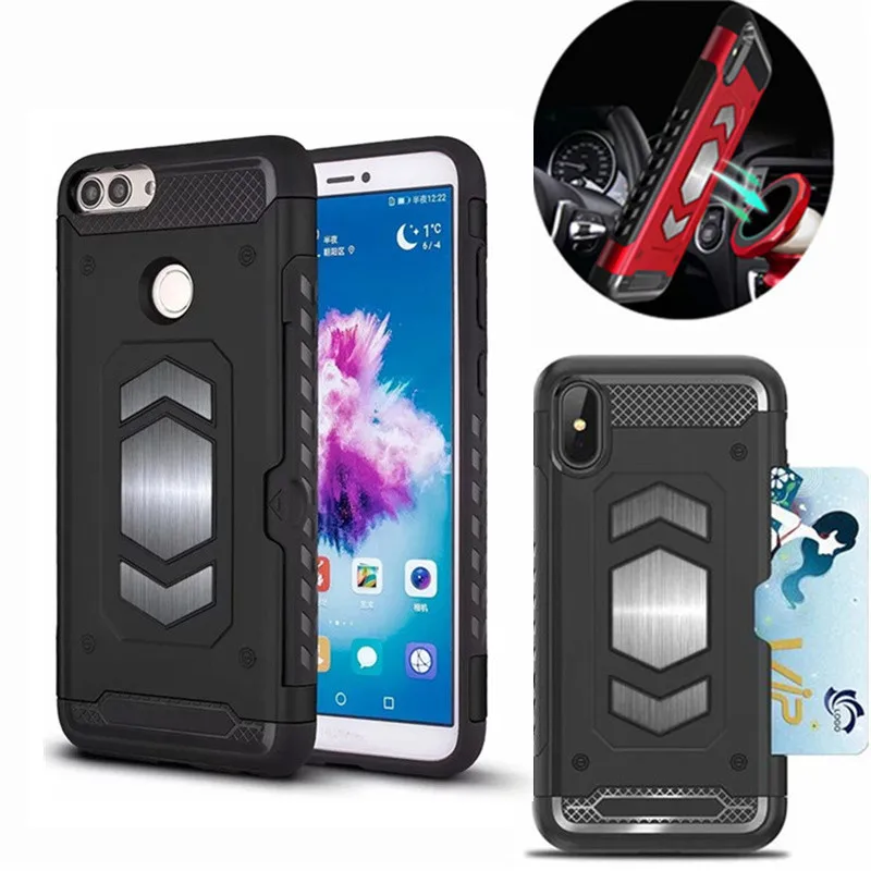 

Armor Case For Huawei P Smart Hybrid Hard Car Magnetic Suction Bracket Phone Back Cover For Huawei Psmart With Card Slot Cover