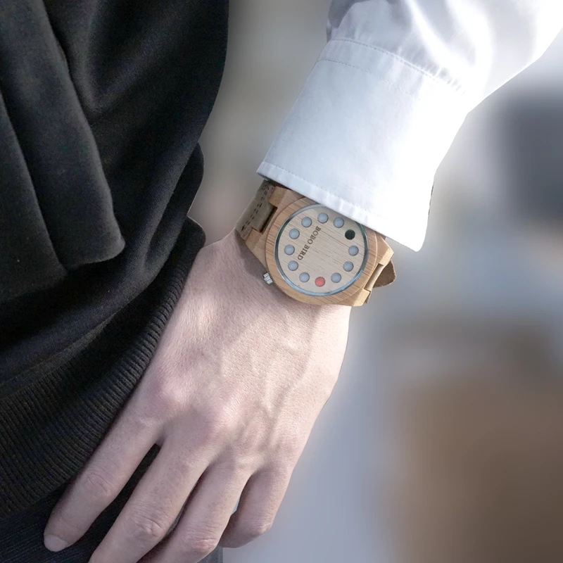 BOBO BIRD V-A04 Light Eco-friendly 12 Holes Design Wooden Watches Men Leather Quartz Watch Special Hands Bracelet