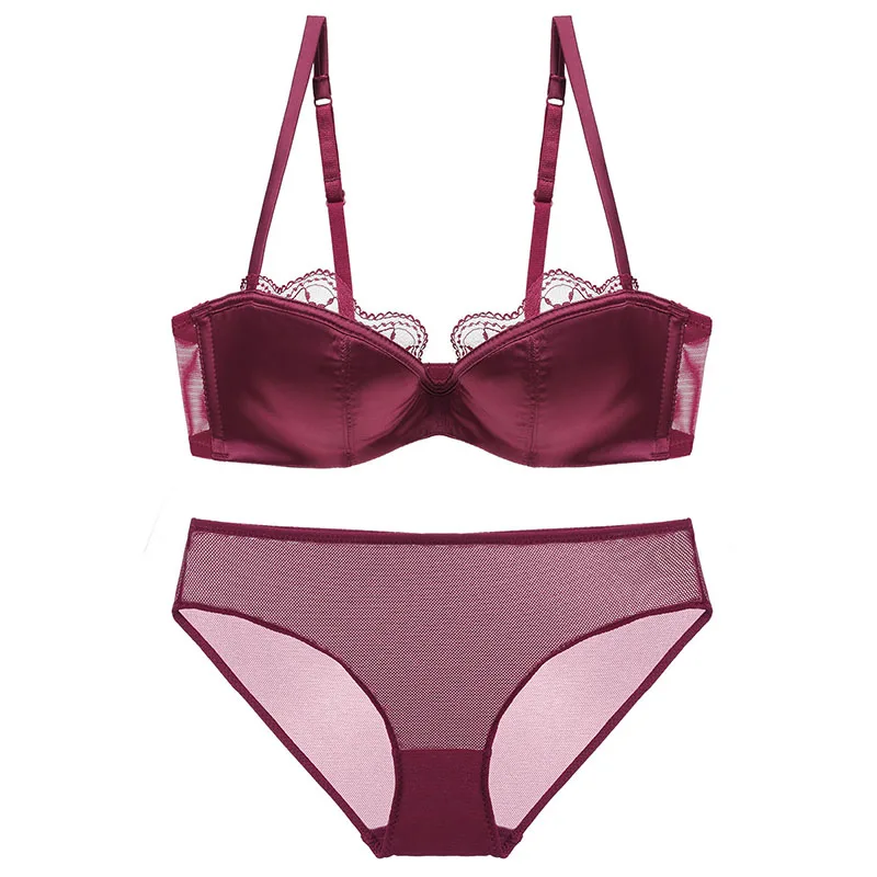 Women Lace Sexy Demi Bra Set Mesh Brief Underwire Back Closure Push up Underwear (19)