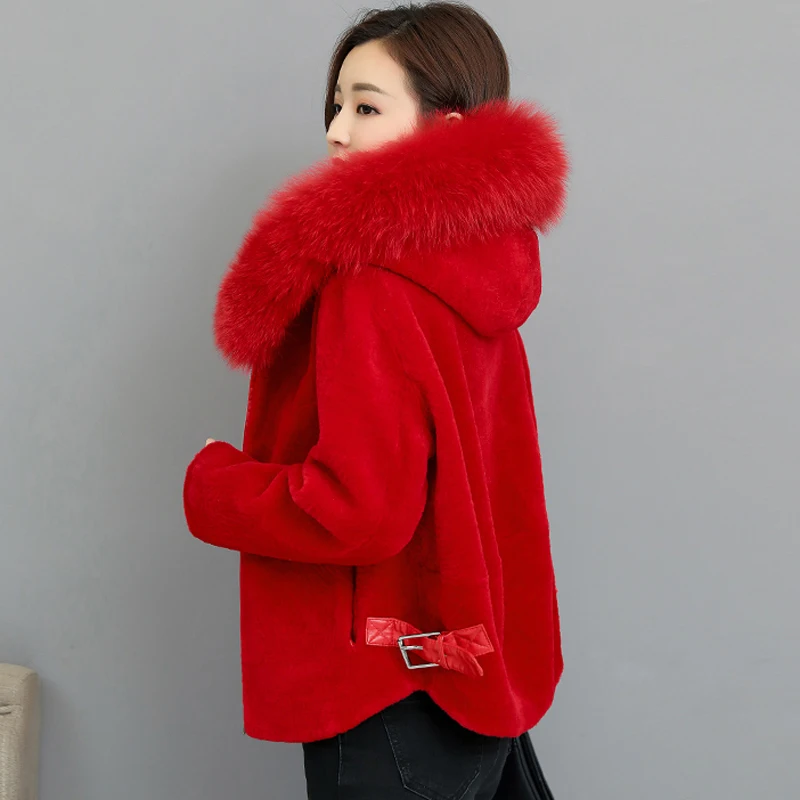 Femme Coréenne army Tonte Automne black Manteaux Col Moutons Vêtements De À Red 2018 Green caramel wine red Capuchon Court Ky322 Des Laine Beige Vestes Fourrure Hiver Nouveaux Imitation Petit 8805rcS7B