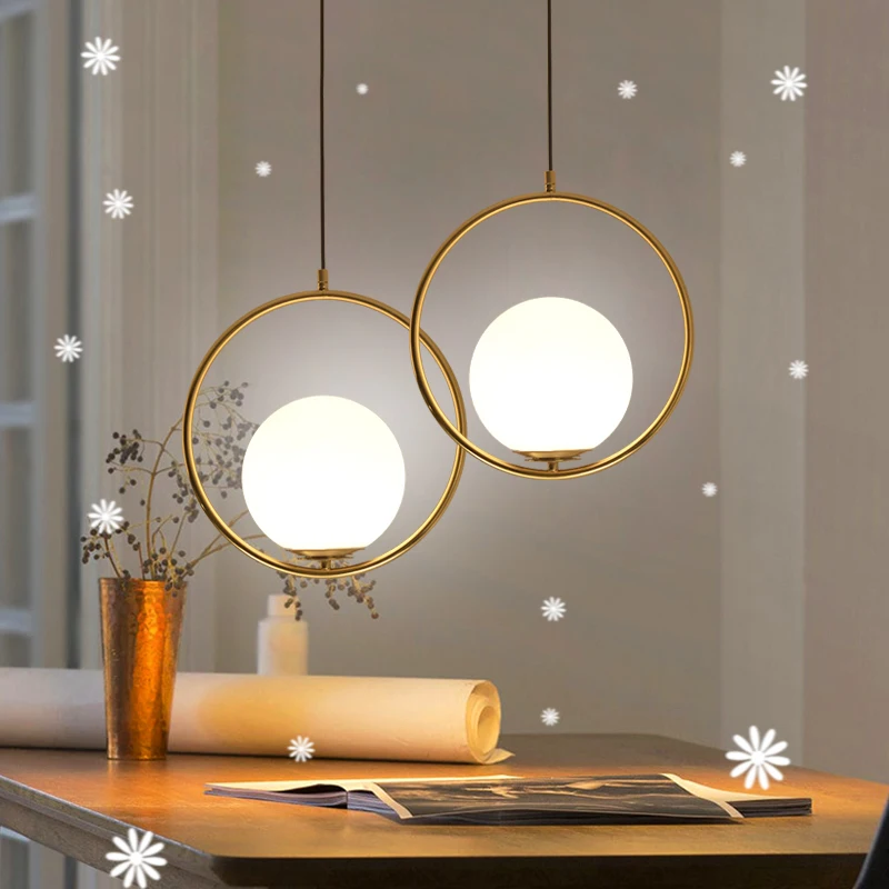 

Nordic Simple Globe Frosted Glass Ball Pendant Light Gold / Black Plated Ring Droplight Cold White Light for Living Room Bedside