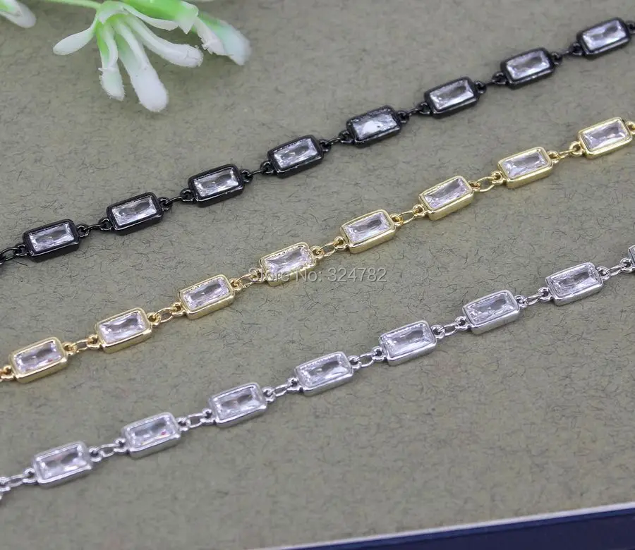 

3 Meters Cubic Zirconia Brass Rectangle Beaded Chain,Wire Wrapped CZ Chain,Bulk Chain By Foot,For Jewelry Making