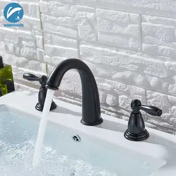 

Golden Basin Faucet Deck Mount Widespread Brass Bathroom Basin Mixer Tap Dual Handle Cold and Hot Water Crane Vessel Sink Taps