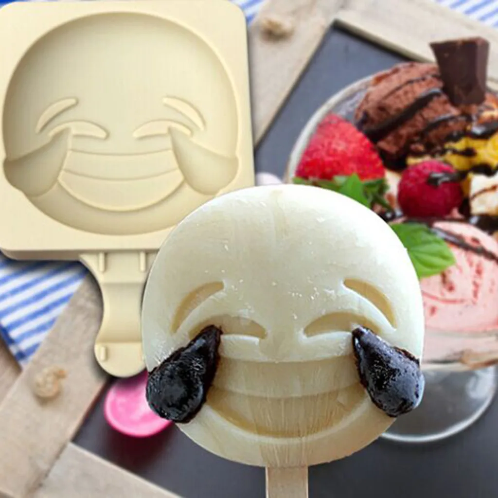 

Novel Crying Smiley Face Expression Shape Ice Cream Mold Non-stick Silicone Creative Ice Cream Maker With 20PCS Wood Stick
