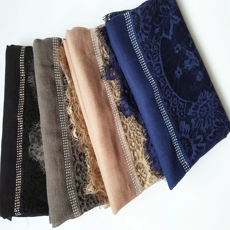

2018 new design luxury viscose hot diamonds lace women scarf/scarves shawls fashion plain solid muslim hijab wraps bandana