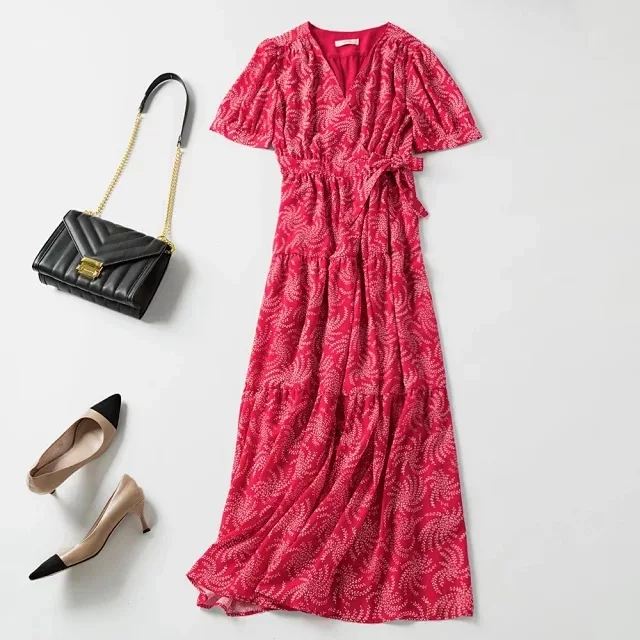 Женское платье, летнее Новое красное платье с v-образным вырезом и пряжкой