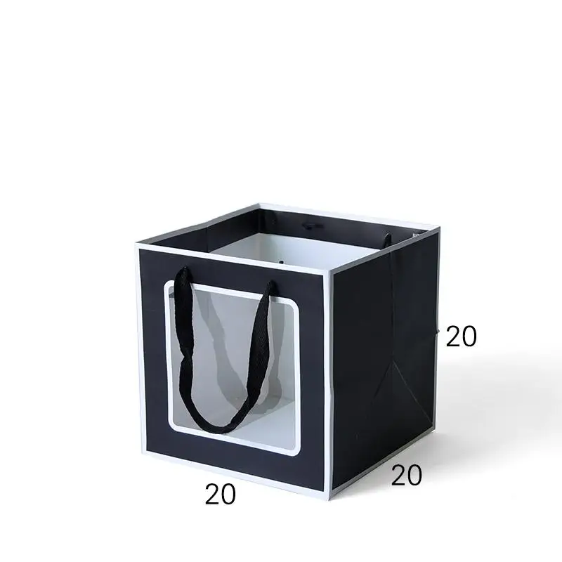 Квадратная сумка с окошком упаковочные материалы для цветов букет Подарочная коробка подарочная сумочка парча - Цвет: BLACK side-S