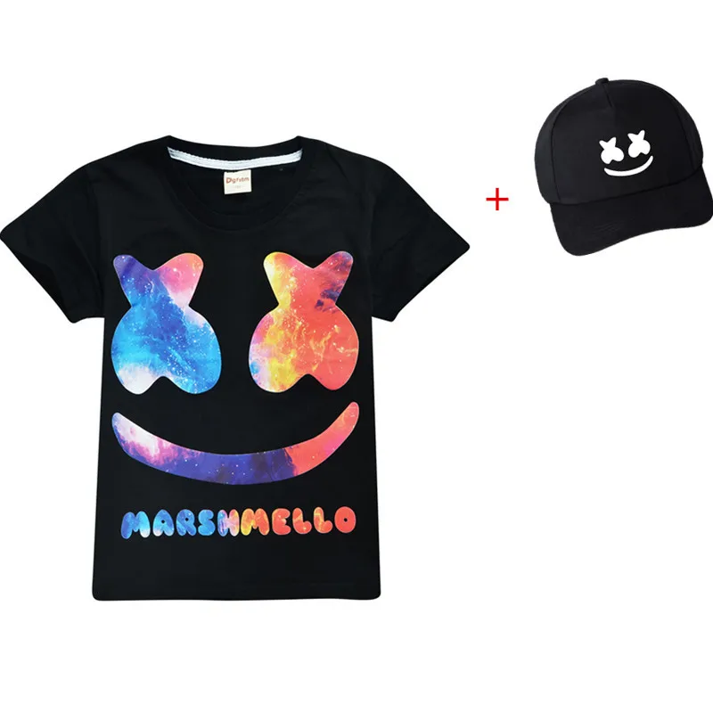 

Summer New High-grade Cotton 3D Print Cartoon Streetwear Boys Girls T-Shirt Marshmallow Smiley and Hat 6-14 yrs