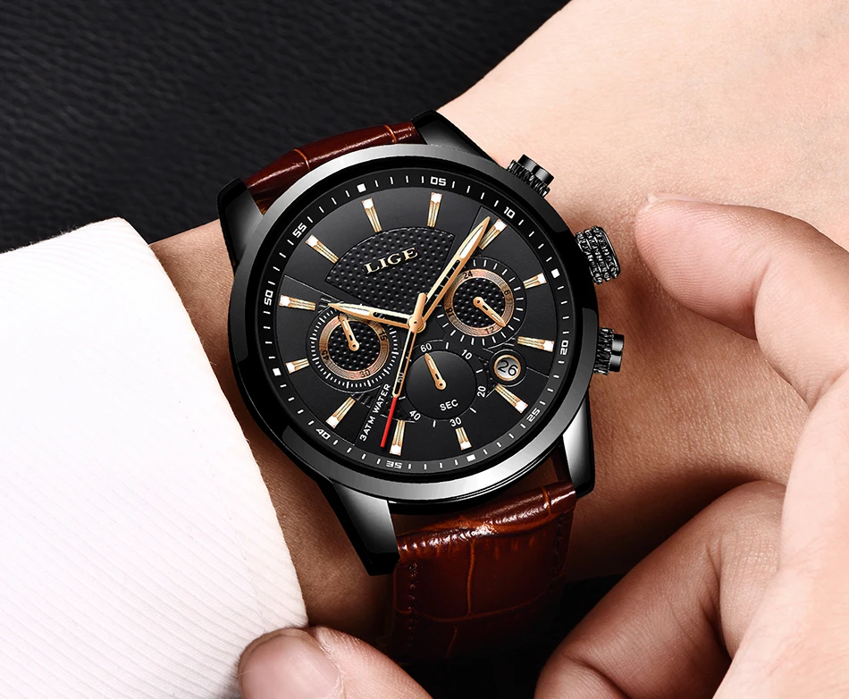 Новые мужские s часы LIGE лучший бренд класса люкс мужские s кожаные спортивные часы мужские Водонепроницаемые многофункциональные кварцевые наручные часы Relogio Masculino