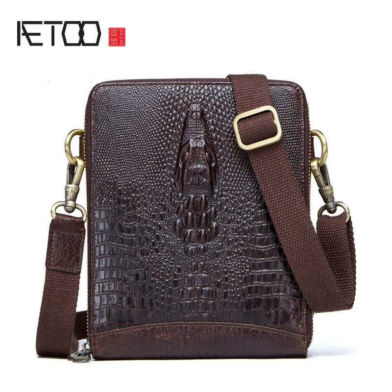 AETOO Fashion casual men&#39;s leather messenger bag crocodile pattern leather shoulder bag ...