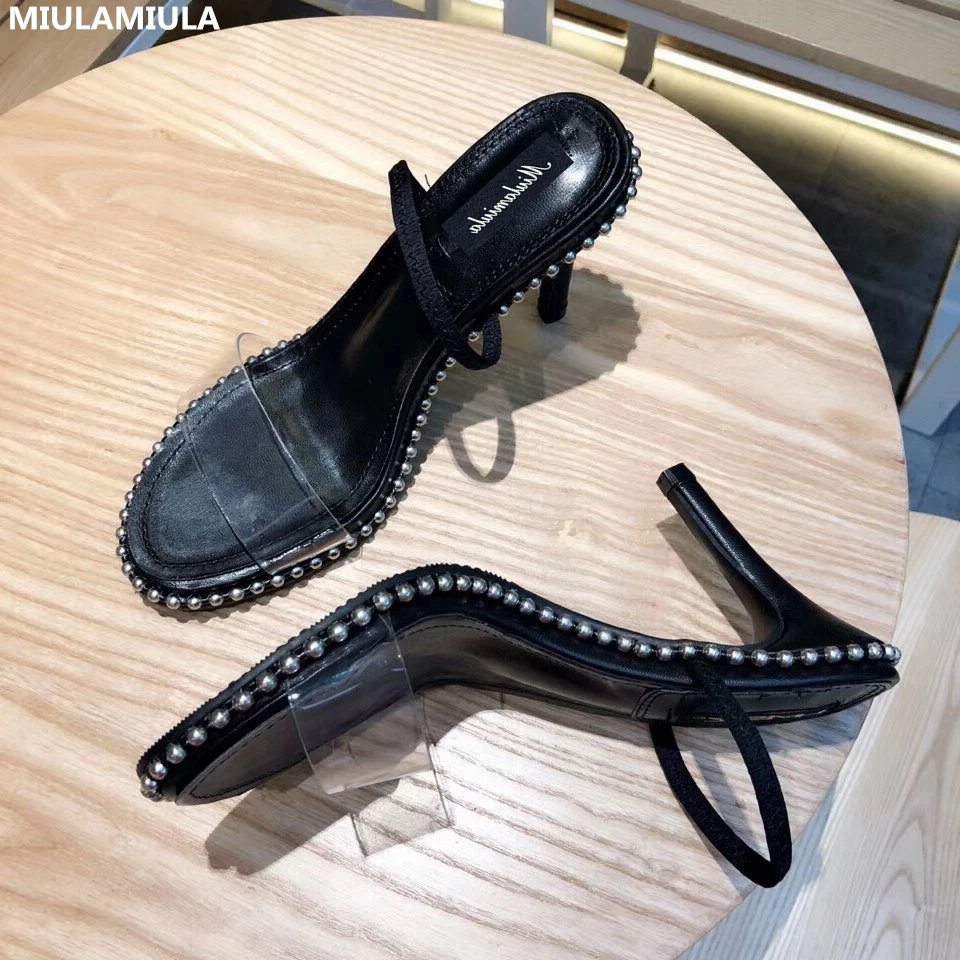 

MIULAMIULA Brand Designer 2019 Summer New Sexy Black Luxury Rivet Leather Sandals Back Strap High Square Heel Lady Pumps Party