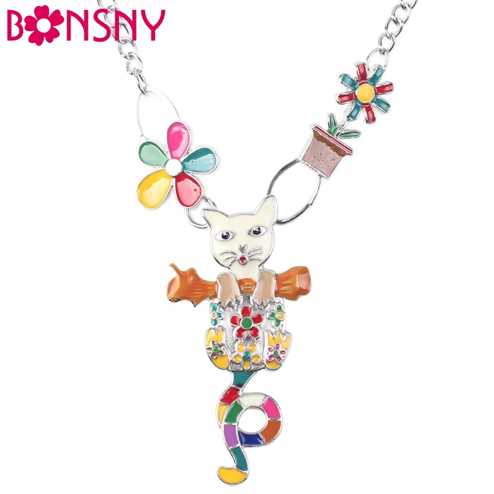 Bonsny Maxi Alloy Flower Cat Necklace Chain Enamel Jewelry Colorful Pendant 2016 New Fashion For Women Statement Charm | Украшения и