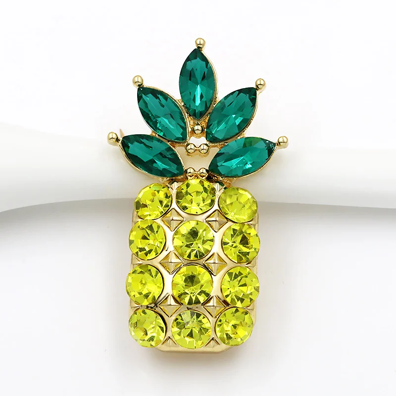 

New arrival Yellow and Green Crystal Rhinestone Fruit Pineapple Brooch Pins for Girl in Gold Color Plated