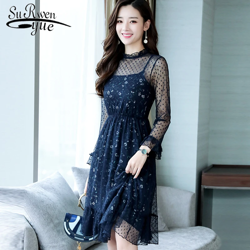 

2019 fashion women dresses long sleeve Mesh hollow lace women dress Two-piece Flowers print dress women sexy dresses 0846 40