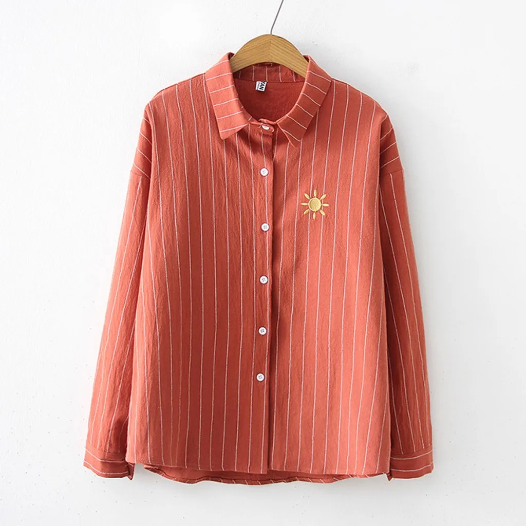 Fashion Women Stripe Shirts korean style women Autumn Top Lapel Shirt Weather Printing Long Sleeve Loose Blouse chemise femme